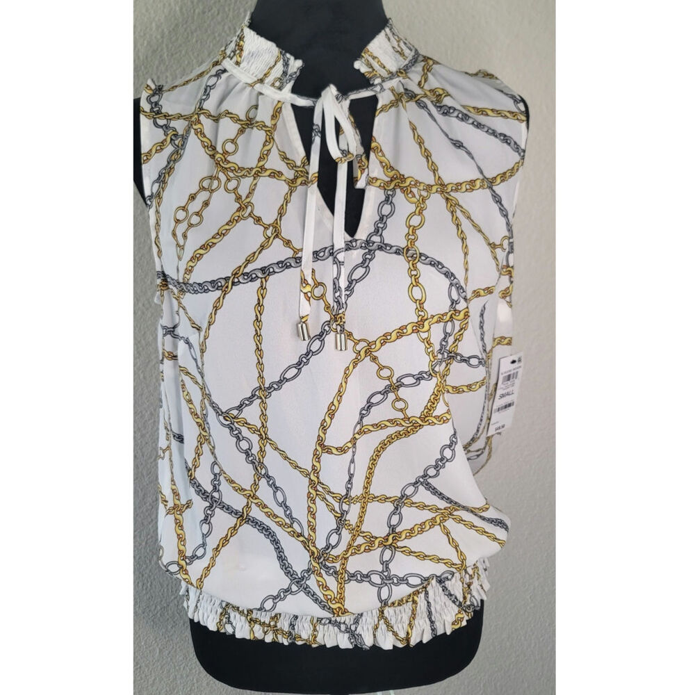 INC Women's Blouse Small Sleeveless Smocked Ruffle Horse Bit & Chain Design NWT